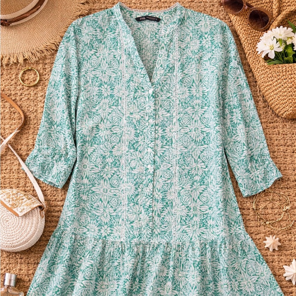 Zara Green Ivory Floral Tunic Dress XL
